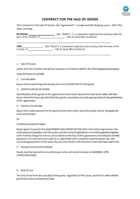 Sale Of Goods Contract Templates At Allbusinesstemplates