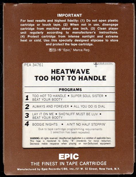 Heatwave Too Hot To Handle 1976 Debut EPIC A18E 8 TRACK TAPE