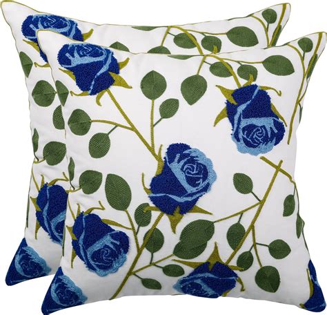 Tosleo Embroidered Throw Pillow Covers 18x18 Inch Pack Of 2 Blue Rose Decorative