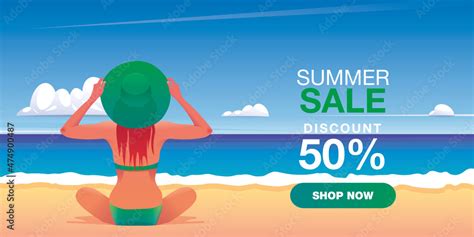 Vector Cartoon Summer Sale Banner Template Design With Woman In Bikini Sits On The Beach