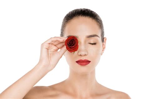 Attractive Naked Woman With Closed Eyes Holding Red Rose In Front Of Eye Stock Image Image Of