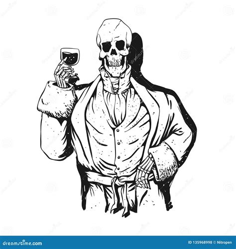 Vampire Skeleton Holding Blood Cup - Black And White Stock Illustration ...