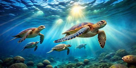 Sea Turtles Swims Underwater Underwater Sea Turtles Sea Turtles