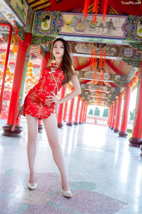 Thailand Hot Model Janet Kanokwan Saesim Sexy Chinese Girl Red Dress Traditional