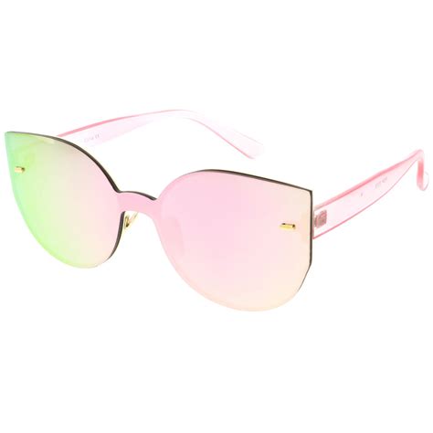 Oversize Rimless Mono Block Mirrored Flat Lens Cat Eye Sunglasses Zerouv