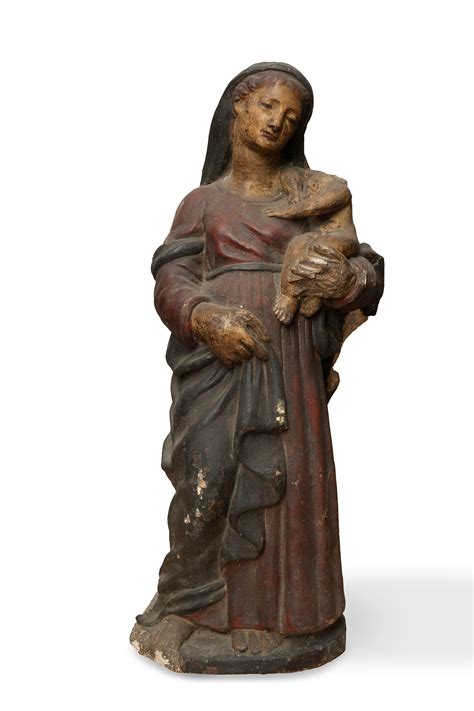 Scultura In Terracotta Policroma Raffigurante Madonna Con Bambino