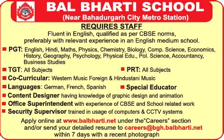 Bal Bharti School, Bahadurgarh, Haryana Wanted Teaching and Non-Teaching Faculty - Faculty Teachers