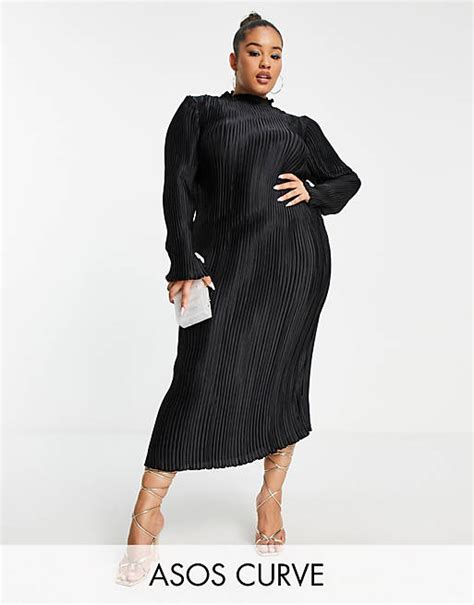 Asos Design Curve Satin Plisse Midi Dress Long Sleeve In Black Asos