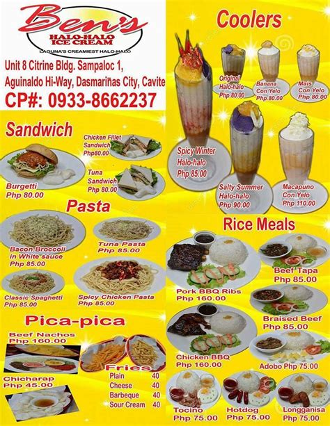 Menu At Bens Halo Halo Ice Cream Aguinaldo Hi Way Dasmarinas Branch