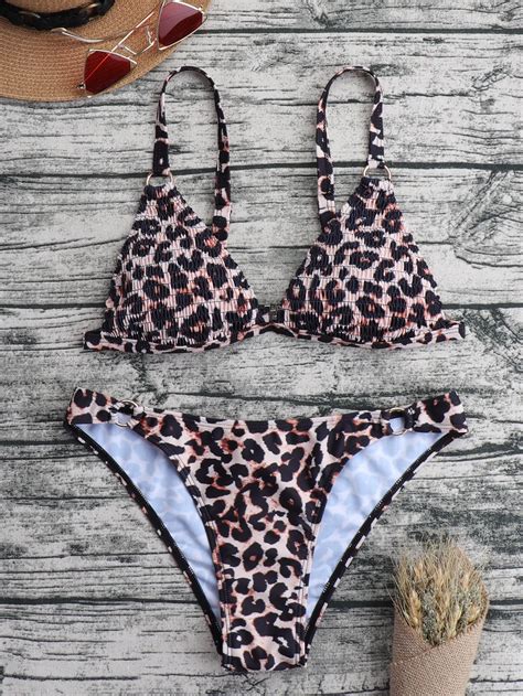 Bañador bikini triángulo de leopardo Smocked vinculado con aro Multicolor