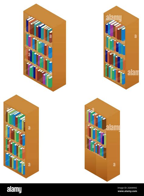 Wooden Bookcase Set With Books Isolated On White Bookshelves For