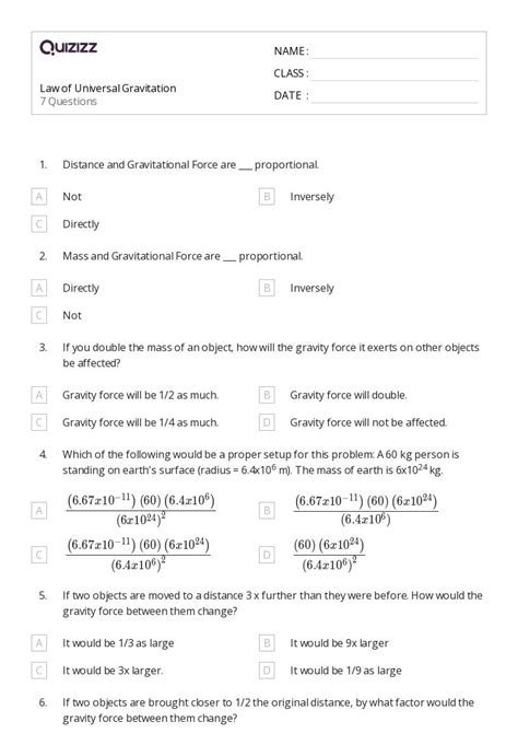 Newtons Law Of Gravitation Worksheets For Th Class On Quizizz