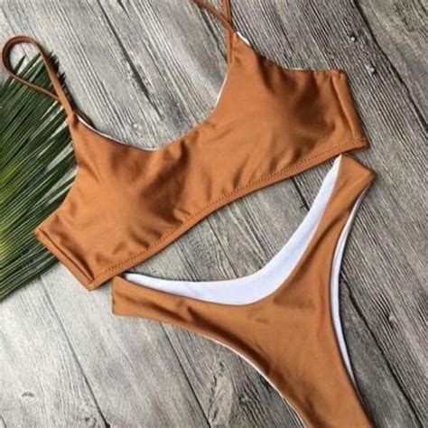 Sexy Solid Color Strap Swimwear Bikini Set On Luulla