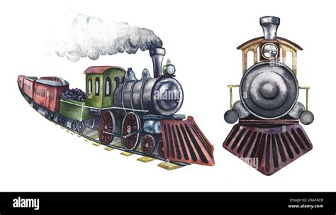 Train A Set With Vintage Retro Steam Locomotives Clip Art Of