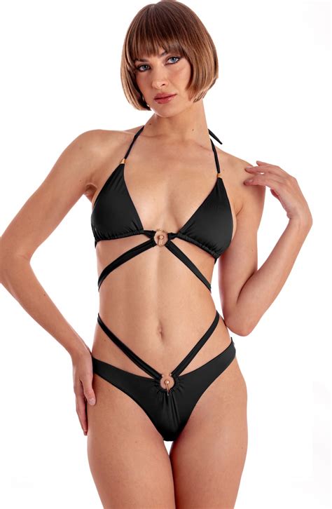 SOLID COLOR PADDED TRIANGLE BIKINI WITH ACCESSORY Size M Color Black