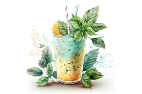 Premium Photo Straw And Mint Leaves In A Glass Of Mango Smoothie