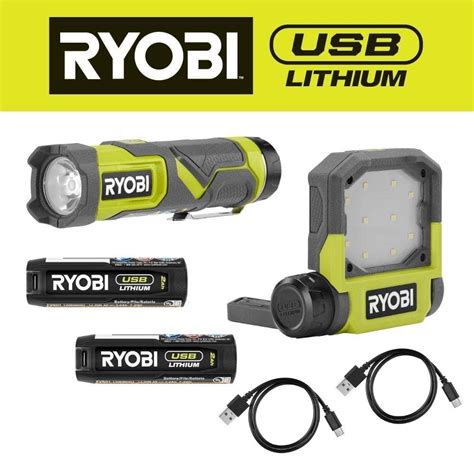 RYOBI USB Lithium 600 Lumen LED Compact Flashlight & 500 Lumen LED Pivoting Flip Light Kit w/ (2 ...