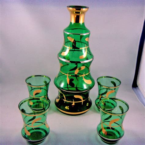 Vintage Green And Gold Glass Decanter With 4 Glasses 1960s Liquor