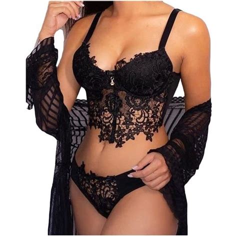 Ensemble Femmes Sexy Broderie Col En Dentelle Sans Fil Lingerie Sexy Sous Vêtements Noir