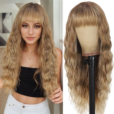 Bamili Blonde Wig With Bangs Long Ombre Wavy Curly Wig 26 Inch Dark Root