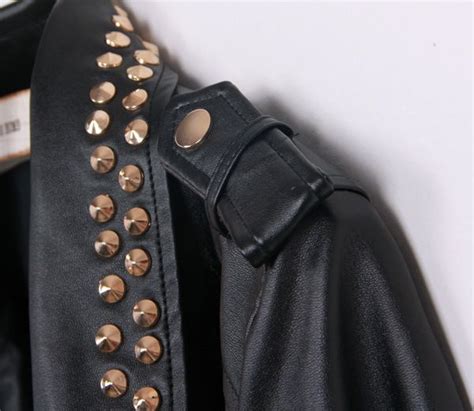 Women Black PU Leather Rivets Jackets Motorcycle Slim Cardigan Rivet ...