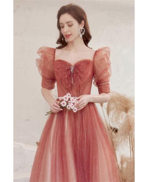 Romantic Ombre Red Tulle Aline Prom Dress With Square Neck Bubble