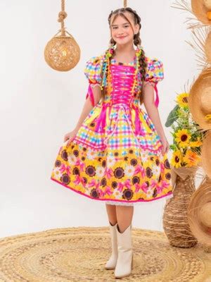 Vestido Caipira Infantil Xadrez Amarelo Floral Azul Elo