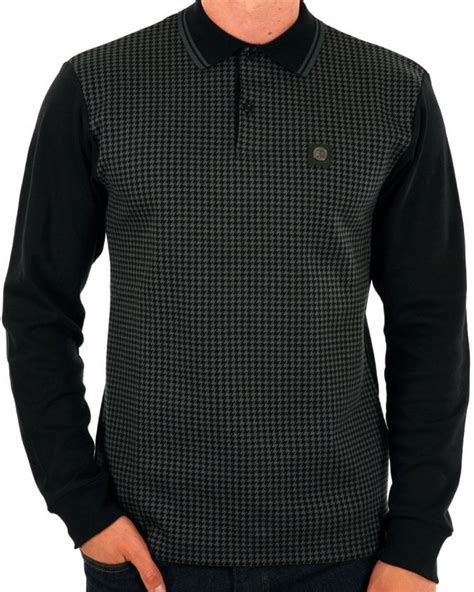 Trojan Houndstooth Panel Ls Polo Black 80s Casual Classics