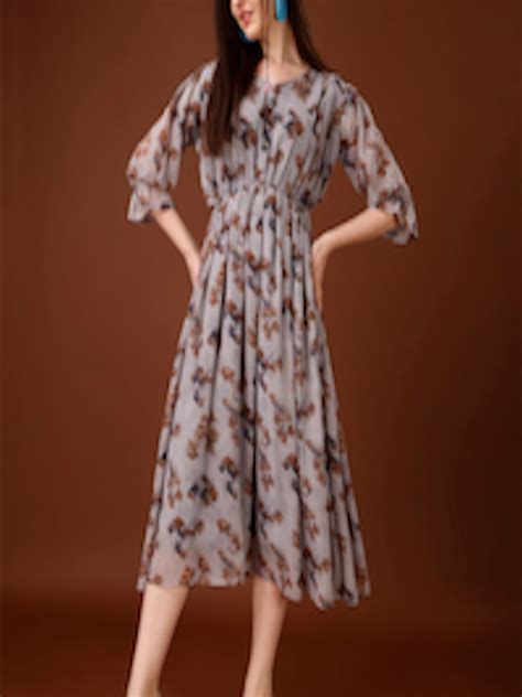 Buy Kalini Floral Printed V Neck Puff Sleeves Fit And Flare Dress