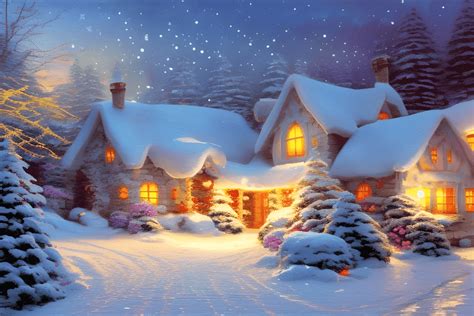 Beautiful Snowy Christmas Cottage Sunset Forest Graphic · Creative Fabrica