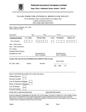 Fillable Online Claim Form National Insurance Company Ltd Fax Email