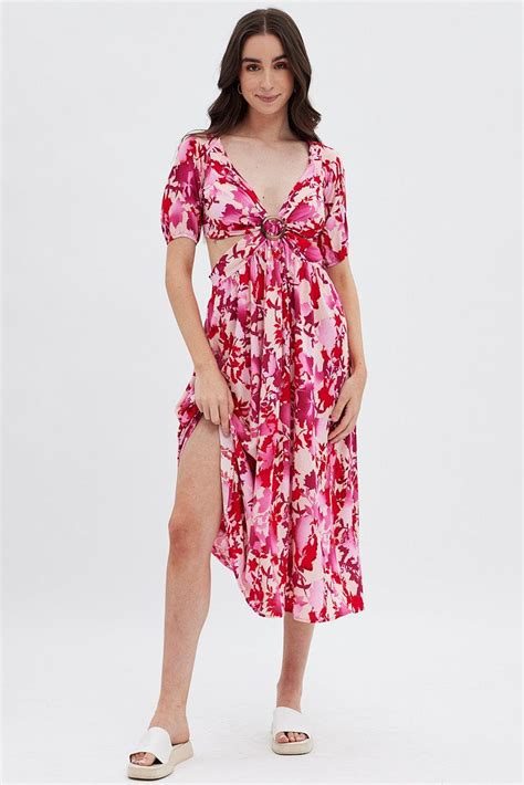 Red Floral Cutout Midi Dress Ally Fashion