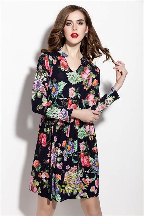 Casual Floral Print Long Sleeve Chiffon Summer Dress Vampal Dresses