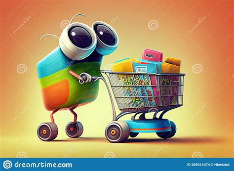 Cute Cartoon Style Robot Pushing Shopping Cart Full of Goods. Stock ...