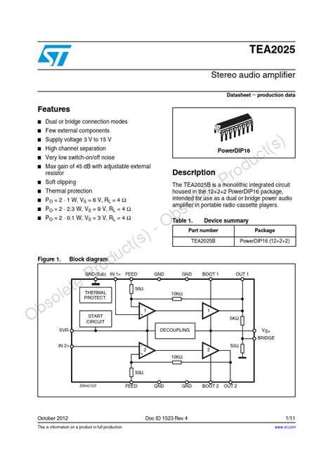 TEA2025B Datasheet, amplifier, ST Microelectronics