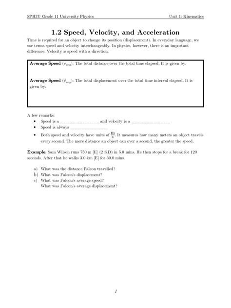 Sph3u Grade 11 University Physics Unit 1 Kinematics Pdf Velocity Speed