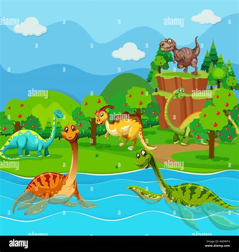 Many dinosaurs in the lake illustration Stock Vector Image & Art - Alamy