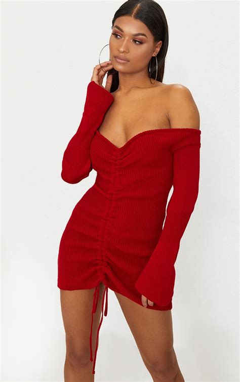 Red Ruched Knit Dress Knitwear Prettylittlething