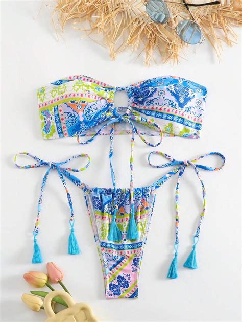 Women S Plant Printed Bandeau Bikini Set Shein Usa