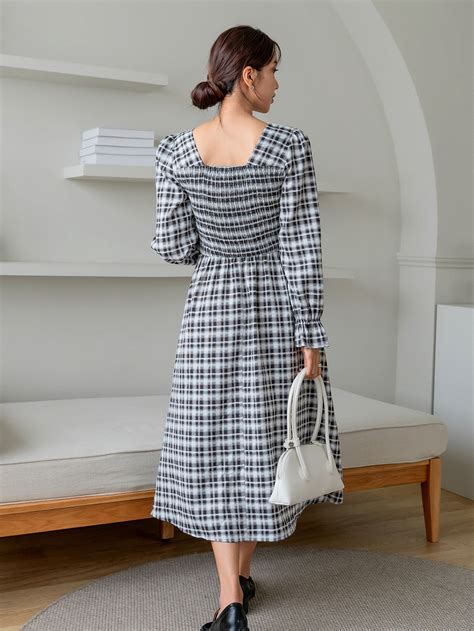 DAZY Plaid Print Flounce Sleeve Shirred Bodice A Line Dress SHEIN USA