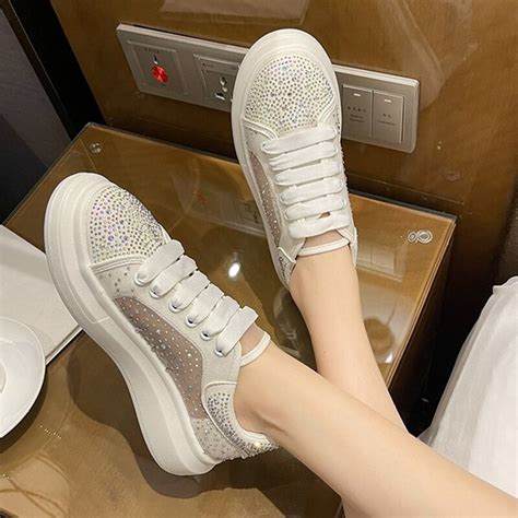 Rimocy Women S Fashion Crystal Platform Sneakers Spring 2022 PU Lace Up