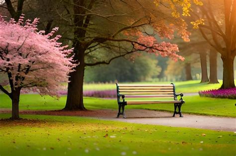 Premium Photo Park Bench With Pink Flowers In The Background