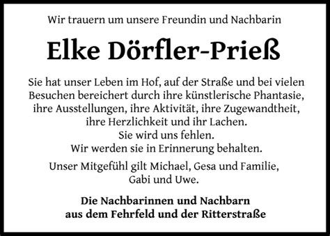 Traueranzeigen von Elke Dörfler Prieß Trauer Gedenken