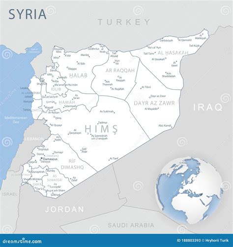 叙利亚行政区划及地理位置蓝灰色详细地图 库存例证 插画 包括有 绘图 政治 模式 标记 东部 188803393