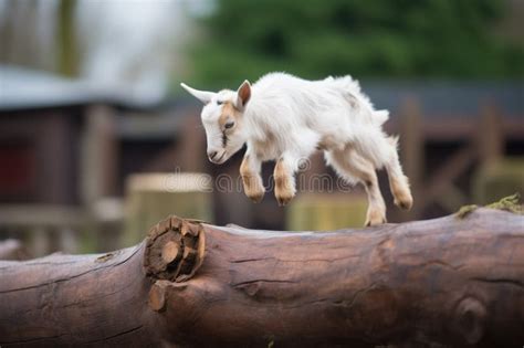 Kid Goat Making A High Jump Over Log Stock Illustration Illustration