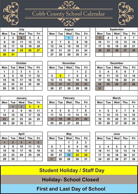 the calendar for cobb county school holidays is shown in blue and ...