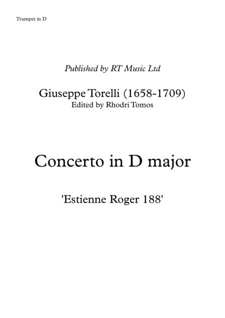 Torelli Concerto In D Estienne Roger Trumpet Solo Parts Arr