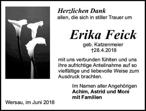 Traueranzeigen Von Erika Feick Vrm Trauer De