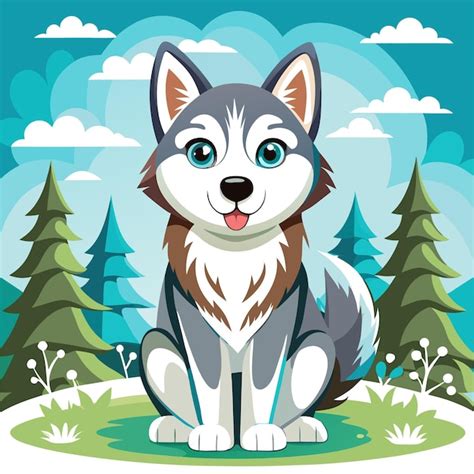 Perro Husky De Dibujos Animados Sentado En Un Claro Del Bosque Vector