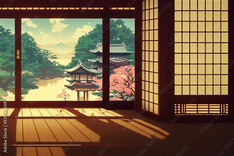 Fantasy japanese shrine with windows view torii outside. 3d render ...